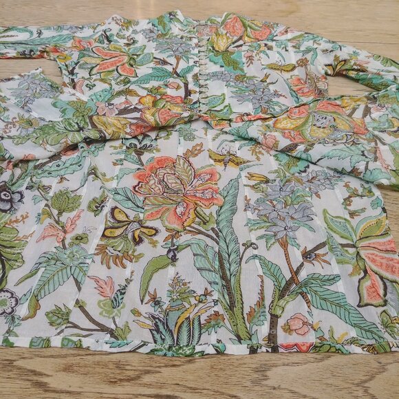 Dolma Medium tropical print cotton tunic top open front pearl shell buttons - Picture 6 of 15